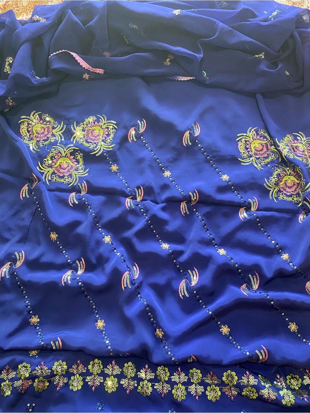 Embellished Navy Blue Formal  3 piece unstitched Indian dress top,bottom dupata - Picture 5 of 9